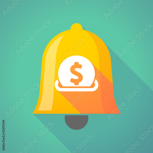 Long shadow bell icon with  a dollar coin entering in a moneybox