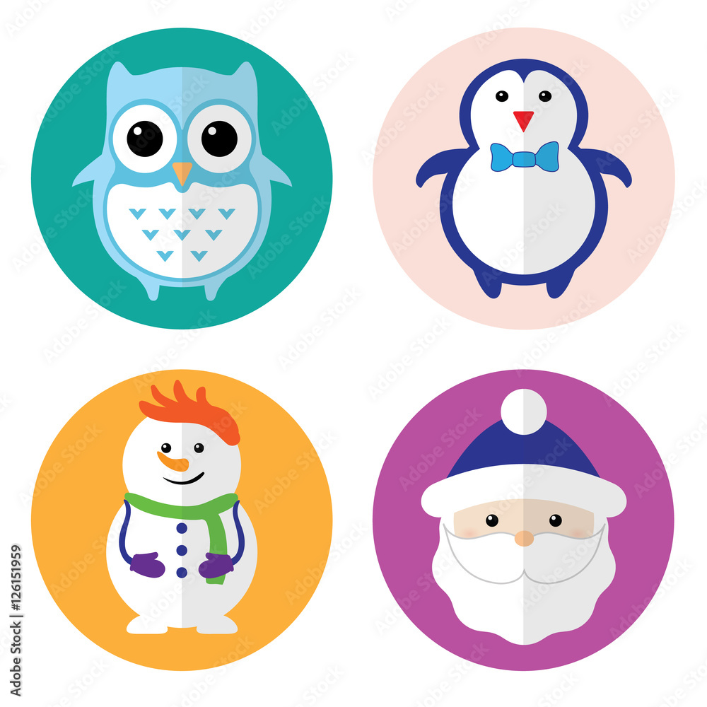 Christmas illustration in Flat style. On icons owl, snowman, penguin and Santa. Christmas illustration in Flat style. On icons owl, snowman, penguin and Santa.