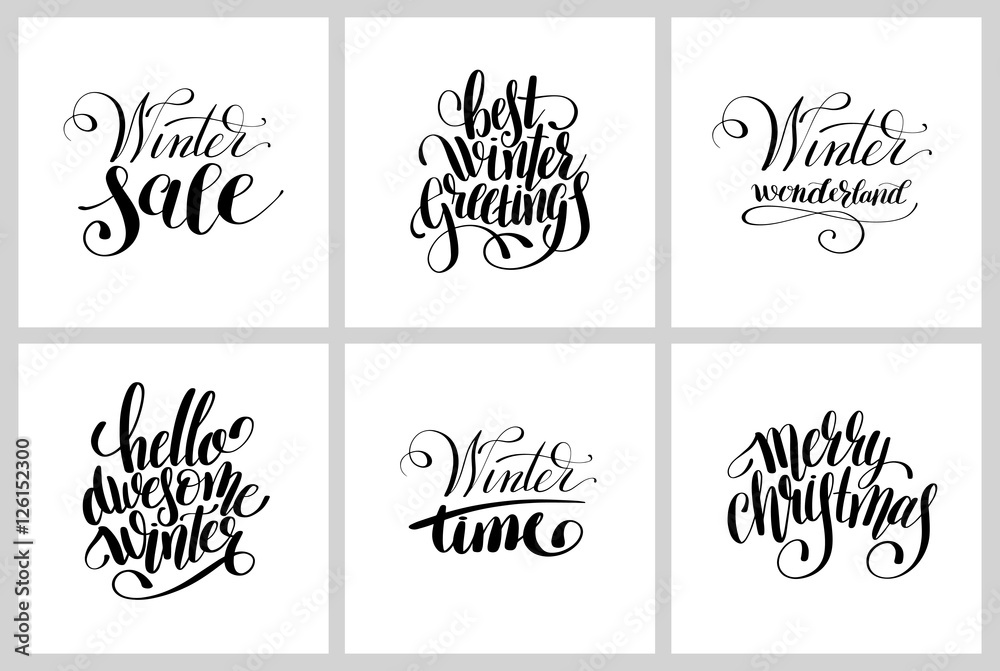set of winter black and white handwritten lettering inscription set of winter black and white handwritten lettering inscription
