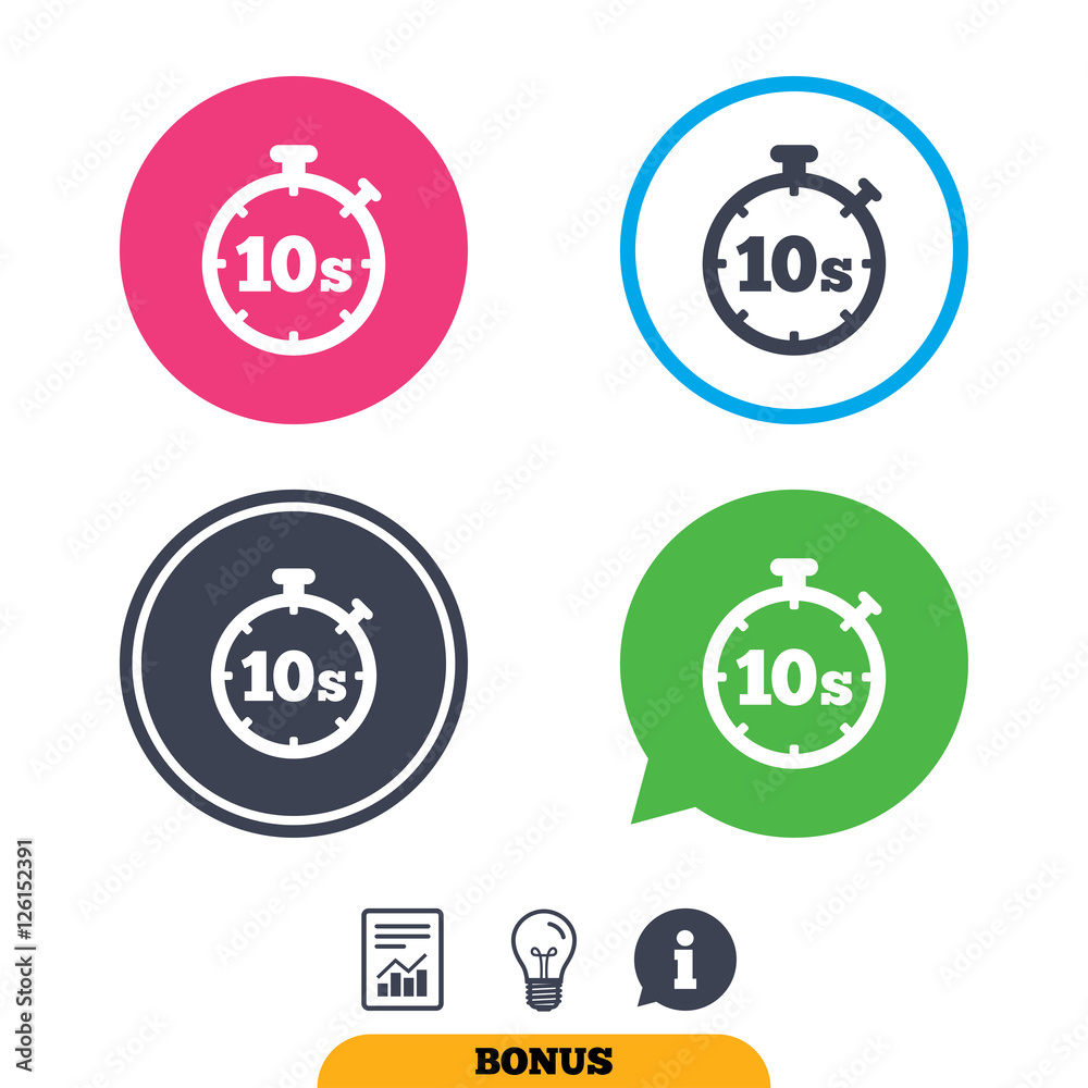 Timer 10 seconds sign icon. Stopwatch symbol. Report document, information sign and light bulb icons. Vector Timer 10 seconds sign icon. Stopwatch symbol. Report document, information sign and light bulb icons. Vector