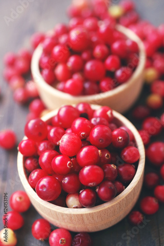 Fresh juicy cranberry in wooden round bowls on a table, close up