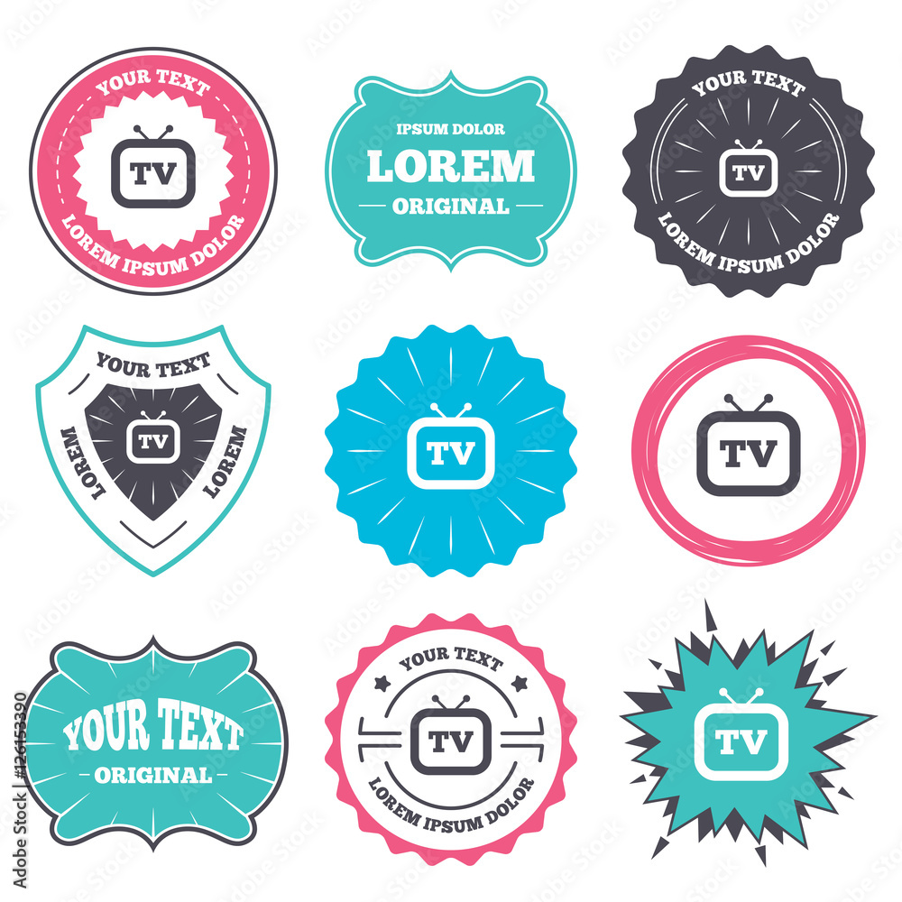 Label and badge templates. Retro TV sign icon. Television set symbol. Retro style banners, emblems. Vector