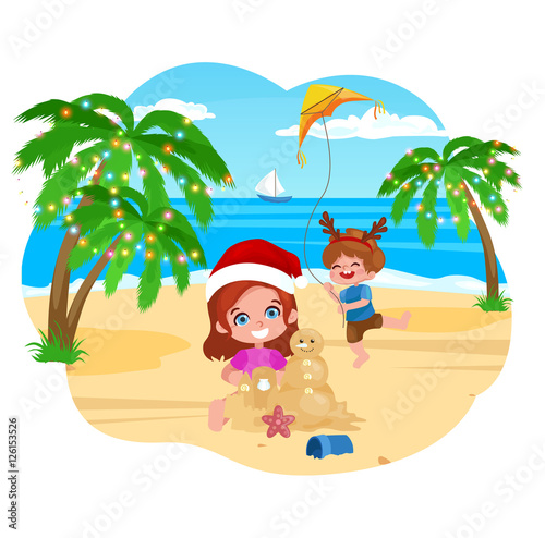children playing on the beach. Christmas vacation on the beach. a boy with a kite, palm trees with garlands. Little girl sculpts a snowman made of sand. tropical christmas