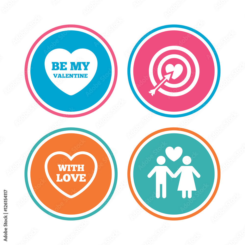 Valentine day love icons. Target aim with heart and arrow symbol. Couple lovers sign. Colored circle buttons. Vector Valentine day love icons. Target aim with heart and arrow symbol. Couple lovers sign. Colored circle buttons. Vector