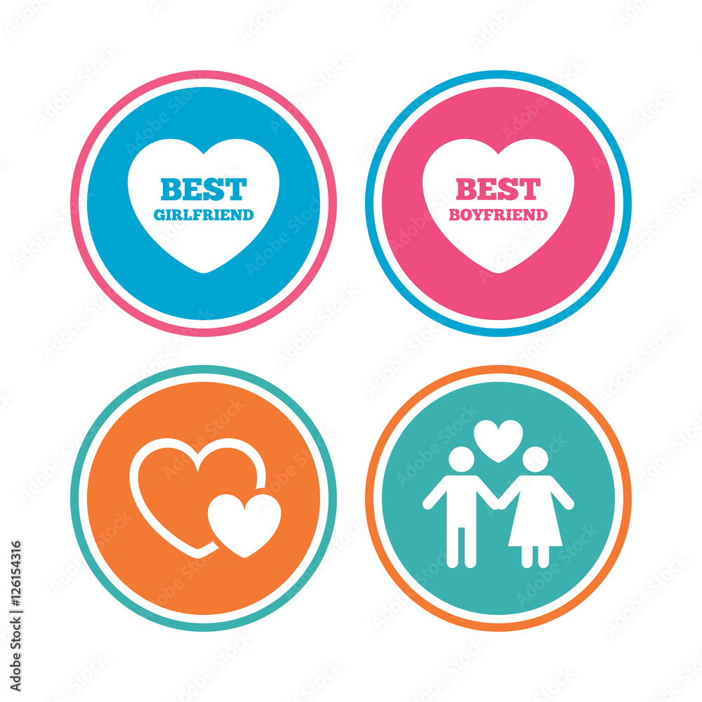 Valentine day love icons. Best girlfriend and boyfriend symbol. Couple lovers sign. Colored circle buttons. Vector Valentine day love icons. Best girlfriend and boyfriend symbol. Couple lovers sign. Colored circle buttons. Vector