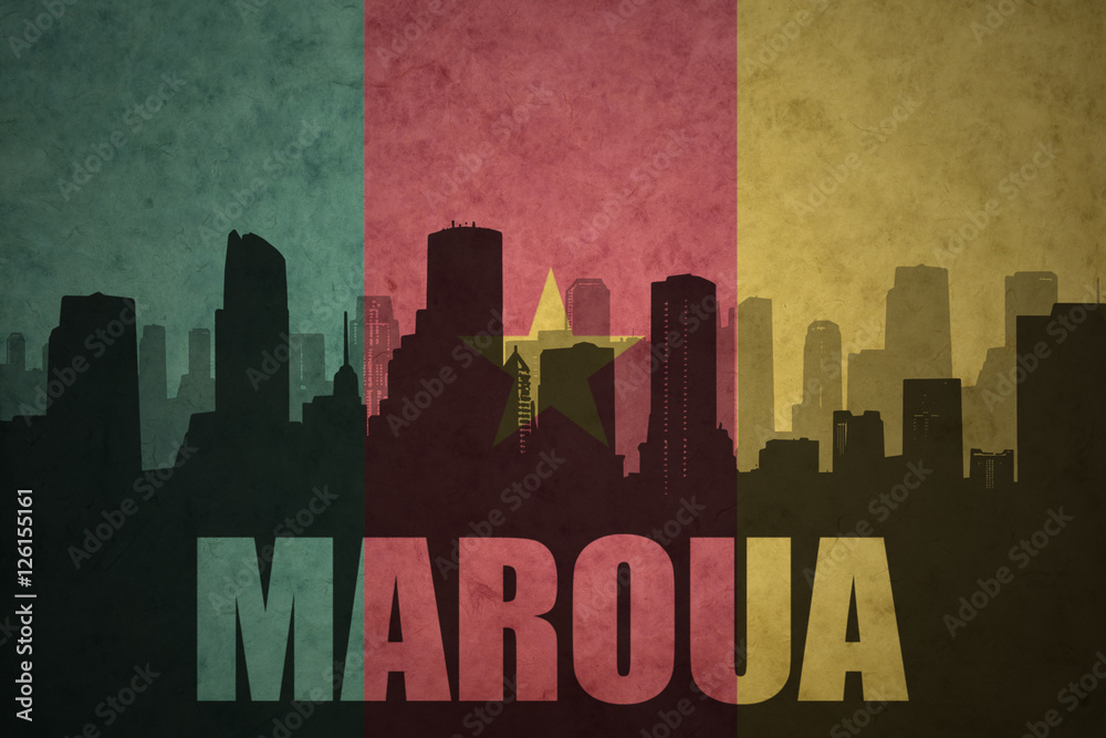 abstract silhouette of the city with text Maroua at the vintage cameroon flag
