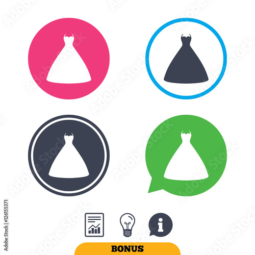 Woman dress sign icon. Elegant bride symbol. Report document, information sign and light bulb icons. Vector