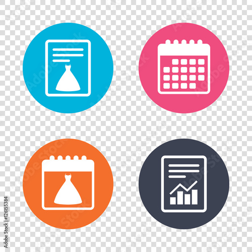 Report document, calendar icons. Woman dress sign icon. Elegant bride symbol. Transparent background. Vector