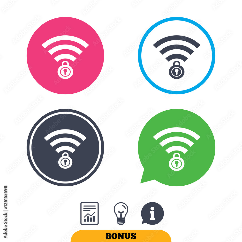 Wifi locked sign. Password Wi-fi symbol. Wireless Network icon. Wifi zone. Report document, information sign and light bulb icons. Vector Wifi locked sign. Password Wi-fi symbol. Wireless Network icon. Wifi zone. Report document, information sign and light bulb icons. Vector