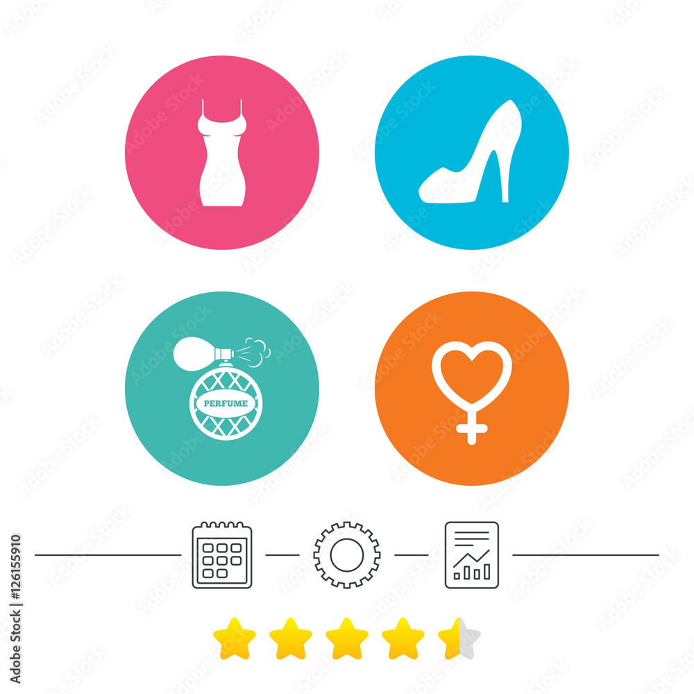 Women dress icon. Sexy shoe sign. Perfume glamour fragrance symbol. Calendar, cogwheel and report linear icons. Star vote ranking. Vector Women dress icon. Sexy shoe sign. Perfume glamour fragrance symbol. Calendar, cogwheel and report linear icons. Star vote ranking. Vector