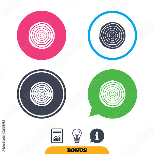 Wood sign icon. Tree growth rings. Tree trunk cross-section. Report document, information sign and light bulb icons. Vector