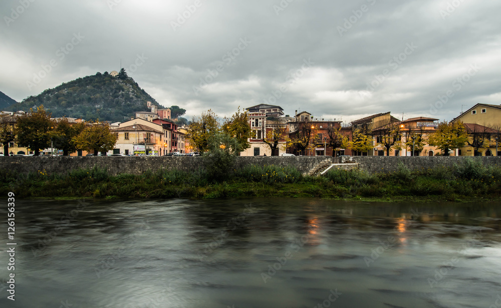 View of San Casto hill and Liri river, Sora, Ciociaria, Italy