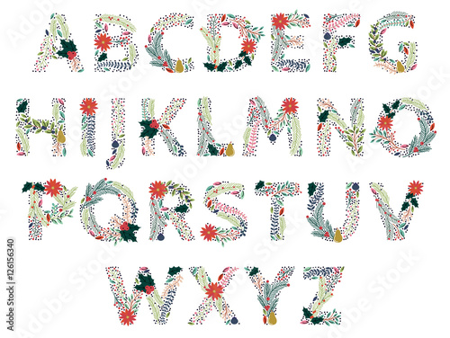 Vector Set of Beautiful Christmas or Winter Holidays Floral Alphabet