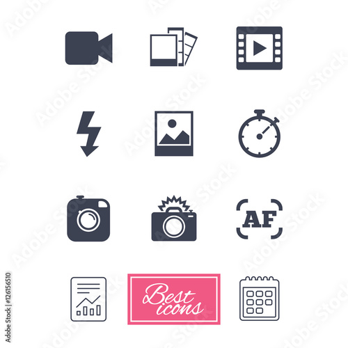 Photo, video icons. Camera, photos and frame signs. Flash, timer and landscape symbols. Report document, calendar icons. Vector