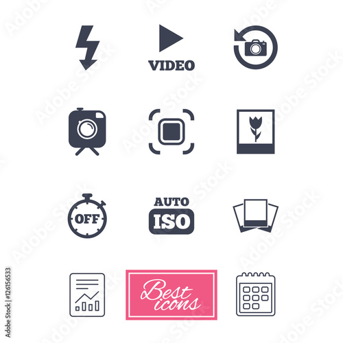 Photo, video icons. Camera, photos and frame signs. Flash, timer and macro symbols. Report document, calendar icons. Vector