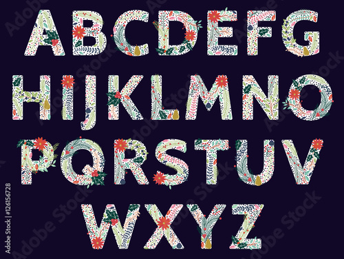 Vector Set of Beautiful Christmas or Winter Holidays Floral Alphabet