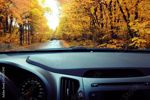 car autumn road, sun, concept autotravel photo