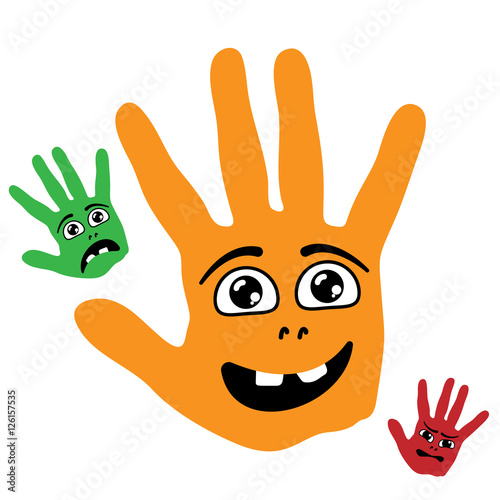 Cartoon smiling palm hands with happy, sad and angry faces. Vector illustration