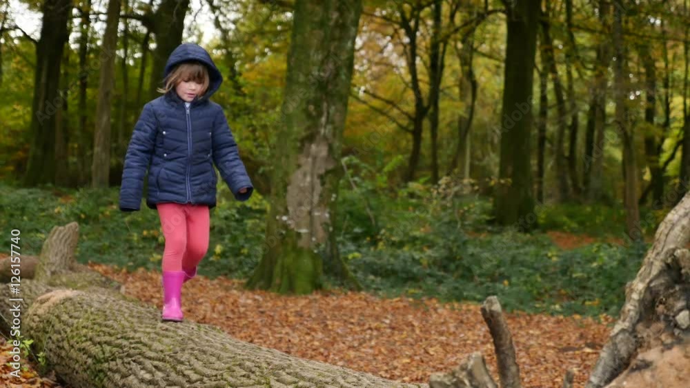 jeune fille en équilibre sur un tronc (4k)