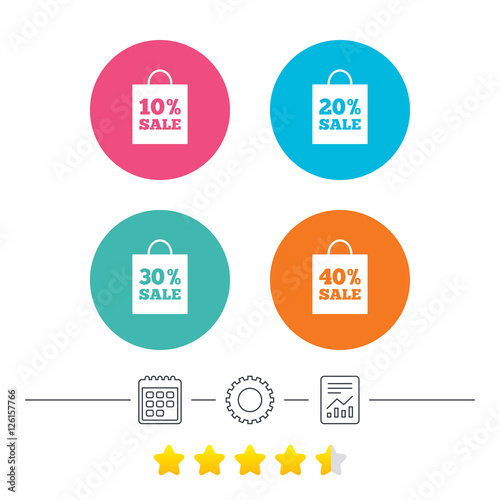 Sale bag tag icons. Discount special offer symbols. 10%, 20%, 30% and 40% percent sale signs. Calendar, cogwheel and report linear icons. Star vote ranking. Vector