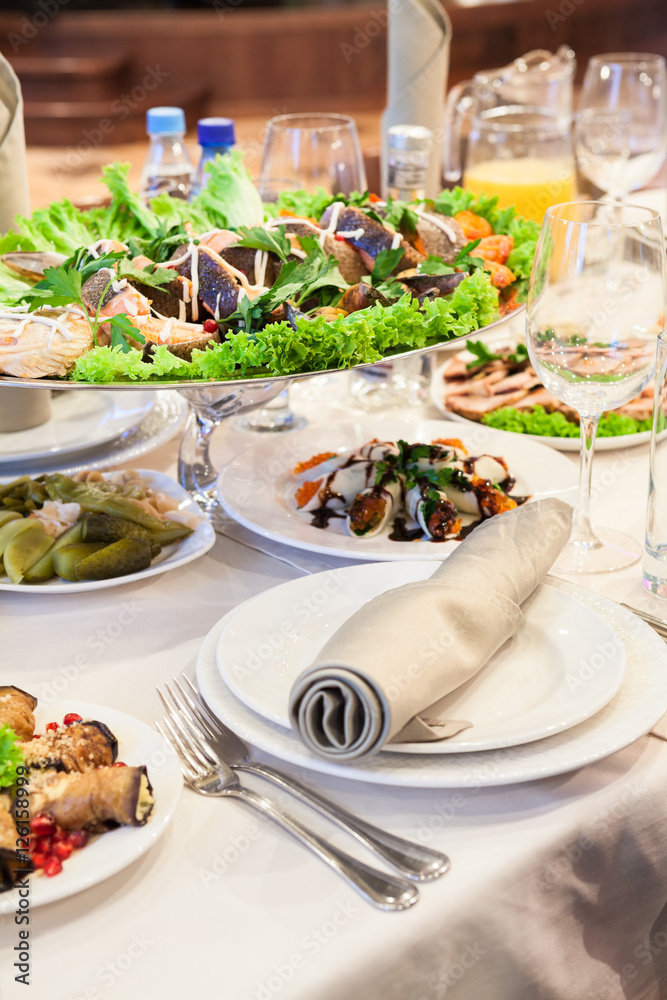 Formal dinner service as at a wedding, banquet or a party