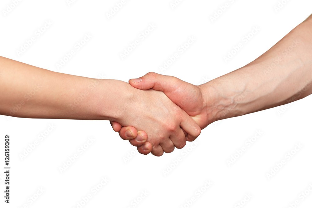 Man and woman shaking hands, isolated on white Man and woman shaking hands, isolated on white