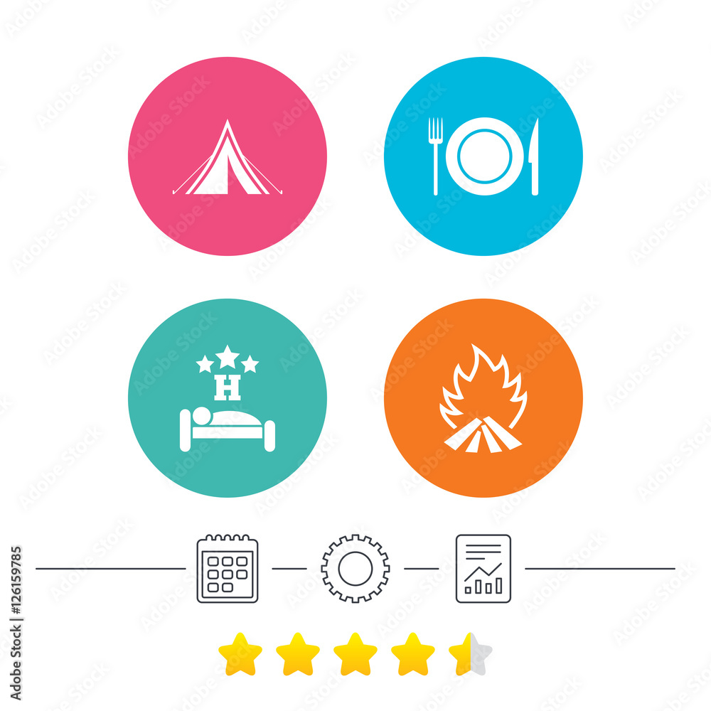 Food, sleep, camping tent and fire icons. Knife, fork and dish. Hotel or bed and breakfast. Road signs. Calendar, cogwheel and report linear icons. Star vote ranking. Vector