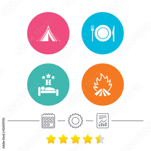Food  sleep  camping tent and fire icons. Knife  fork and dish. Hotel or bed and breakfast. Road signs. Calendar  cogwheel and report linear icons. Star vote ranking. Vector