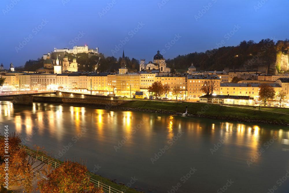 view of Salzburg with Festung Hohensalzburg and Salzach river at