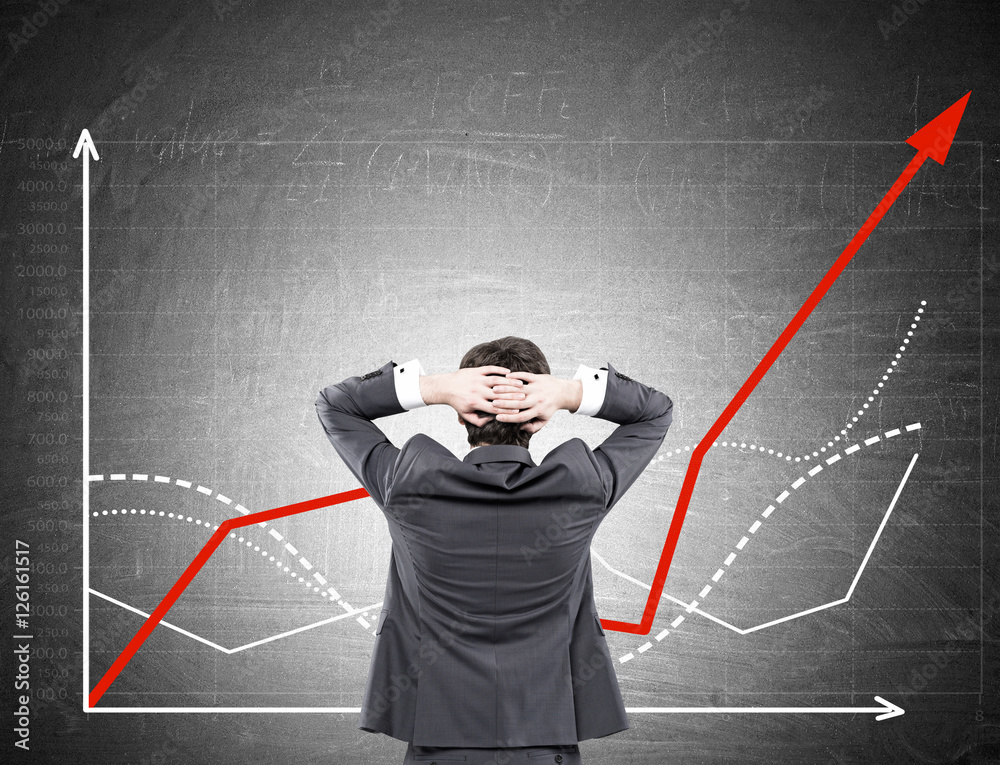 Rear view of man with brown hair studying graphs Rear view of man with brown hair studying graphs