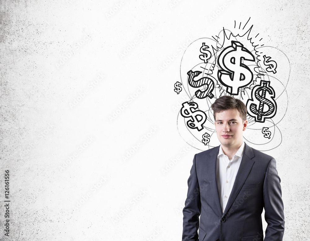 Young businessman and shiny dollar sketches Young businessman and shiny dollar sketches