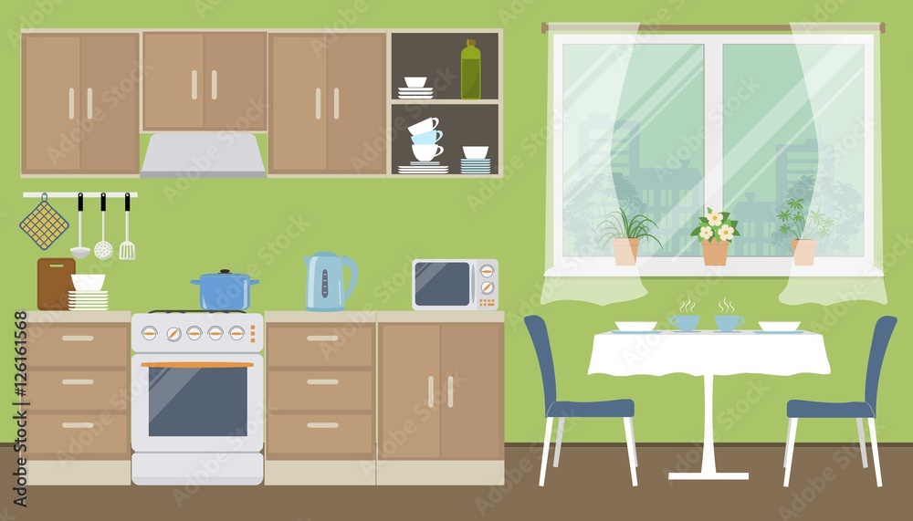Fototapeta premium Kitchen in a green color. There is a kitchen furniture of a beige color, a table, two blue chairs, a kettle, a microwave and other objects in the picture. Vector flat illustration