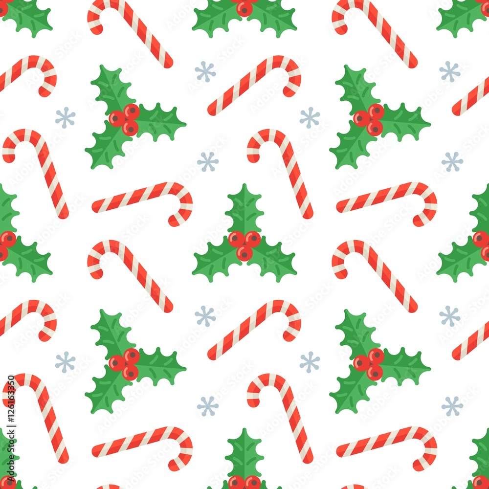 Seamless flat Christmas pattern of candy cane and holly Seamless flat Christmas pattern of candy cane and holly