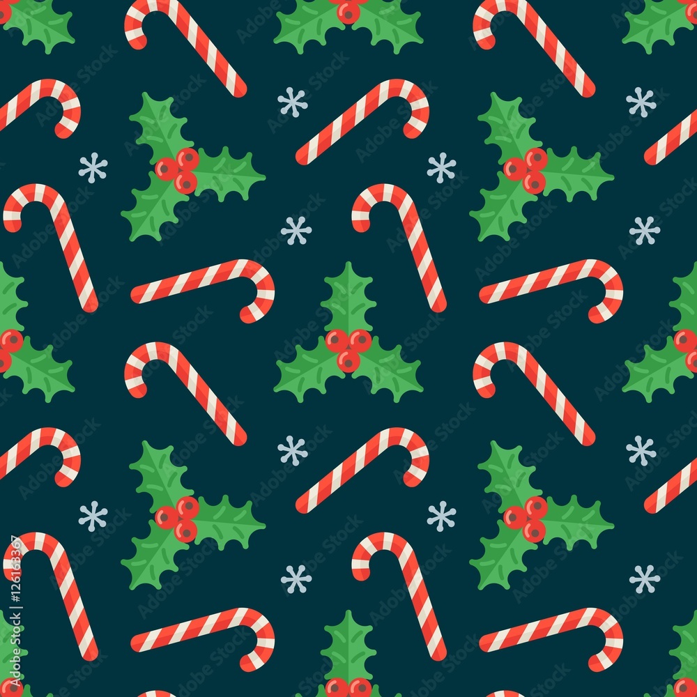Seamless flat Christmas pattern of candy cane and holly