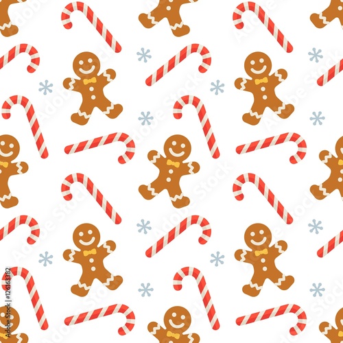 Seamless flat Christmas pattern of candy cane and gingerbread