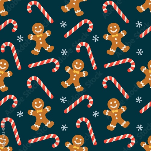 Seamless flat Christmas pattern of candy cane and gingerbread