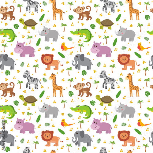 Fototapeta Naklejka Na Ścianę i Meble -  African animals seamless pattern. Cute cartoon childish animals.