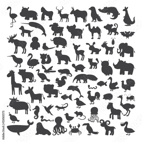 Big set of black animals silhouettes in cartoon style. Wild life