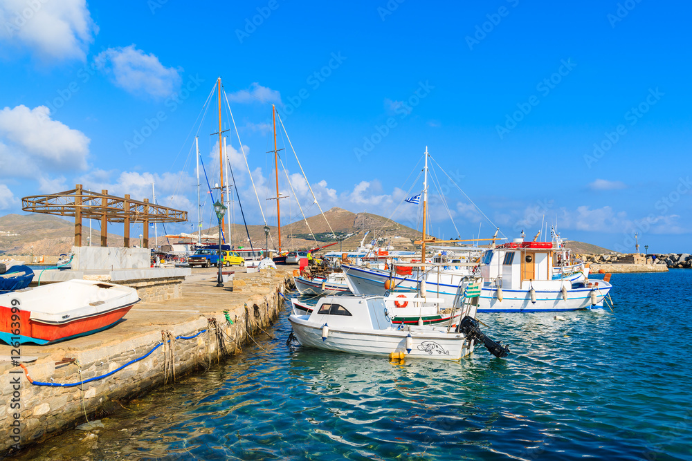 Typical Greek fishing boats in Naoussa port, Paros island, Greece