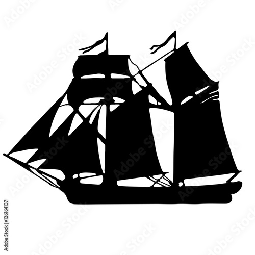 vector black silhouette of a sailing ship. Illustration boats or caravels