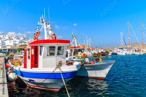 Traditional fishing boats anchoring in Naoussa port, Paros island, Greece