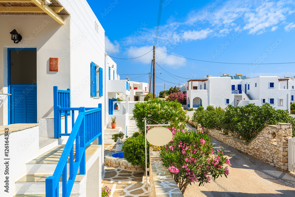 Fototapeta premium View of street with typical Greek houses in Naoussa town, Paros island, Greece