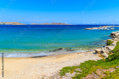 A view of beautiful bay with beach in Naoussa village  Paros island  Cyclades  Greece