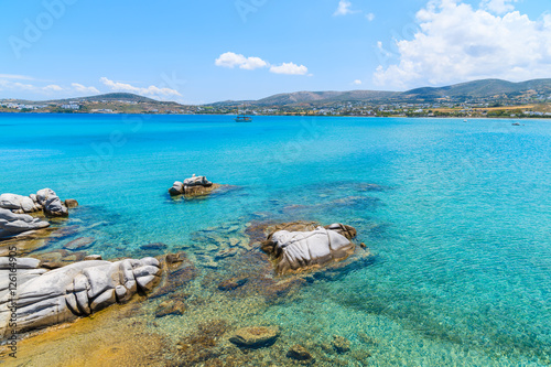 Crystal clear azure sea water of Kolymbithres beach  Paros island  Greece