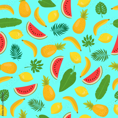 Seamless pattern with bananas  pineapples  tropical leaves and l