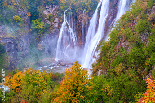 Waterfall the Plitvice Lakes in autumn
