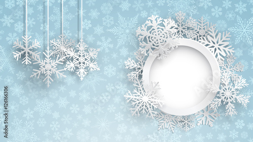 Christmas background with round frame and snowflakes