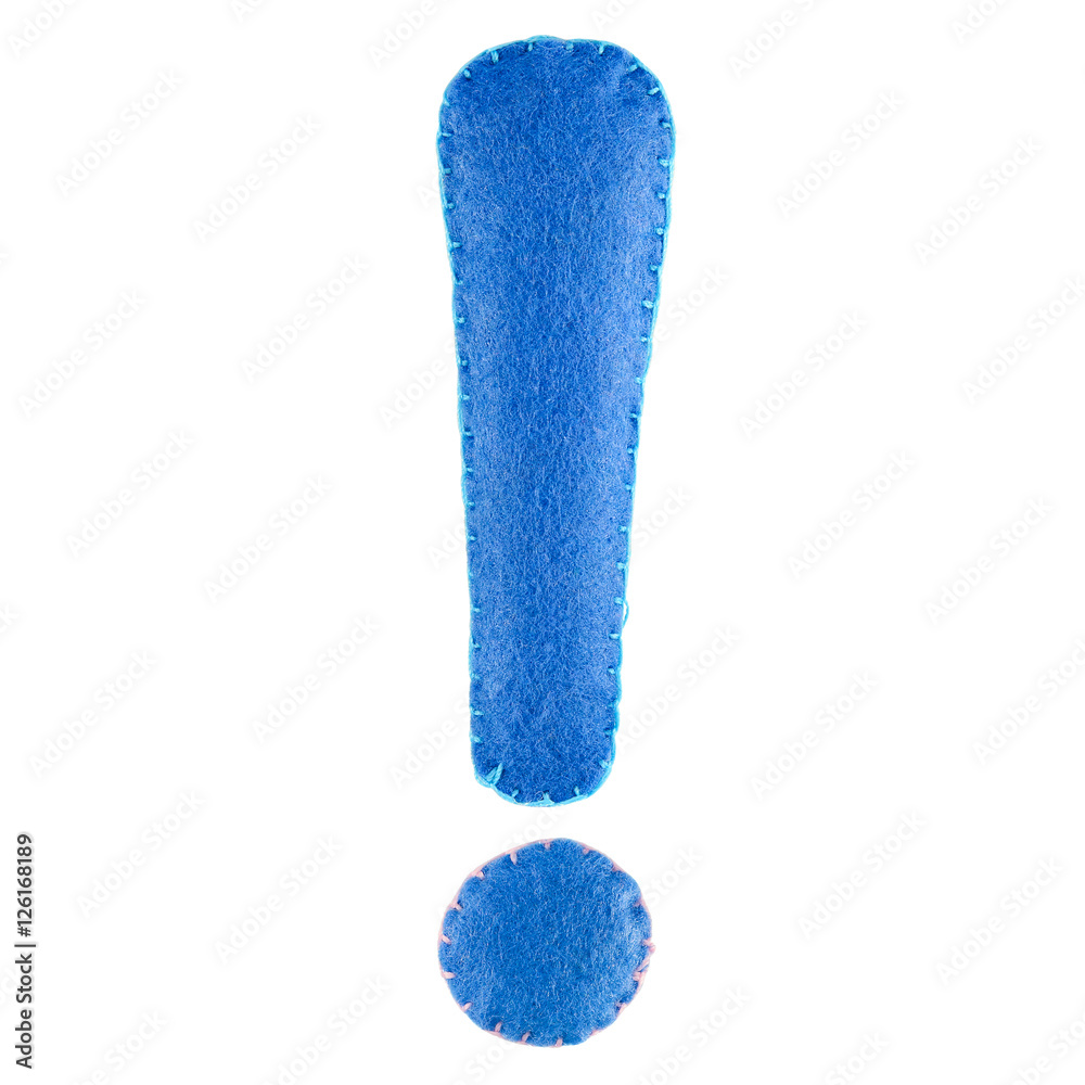Exclamation point from felt. Handmade Exclamation point from blue felt. Collection of colorful handmade English alphabet isolate on white background Exclamation point from felt. Handmade Exclamation point from blue felt. Collection of colorful handmade English alphabet isolate on white background