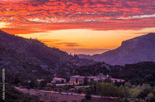 Santuari de Lluc at sunset, Majorca, Balearic Islands, Spain