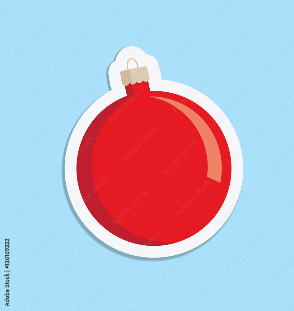 A vector illustration of a red Christmas bauble decoration with a white surround on a light blue background - obrazy, fototapety, plakaty 